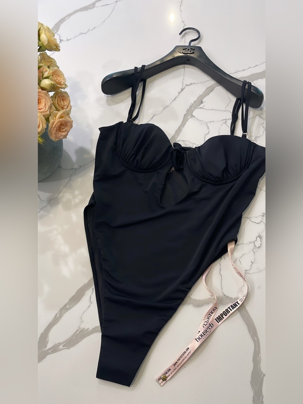 NEW House of CB CANNES Black Cutout One-piece Thong Swimsuit Size L+ - Picture 3 of 16